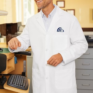 Custom Embroidered White Red Kap Lab Coat KP14 – Personalized Workwear for Doctors, Nurses, Pharmacists & Lab Professionals
