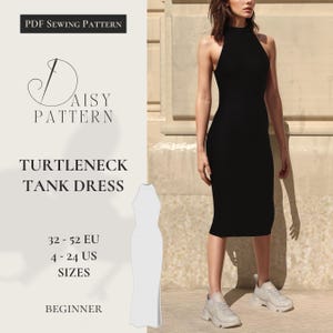 Könnte beinhalten: Ein schwarzes, knielanges Tankkleid mit Rollkragen. Das Bild enthält ein PDF-Schnittmuster mit dem Text "Turtleneck Tank Dress" und Größenangaben: 32-52 EU-Größen. Das Kleid ist figurbetont.