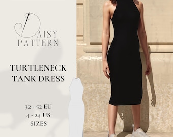 Elegant Turtleneck Tank Midi Dress PDF Sewing Pattern - Women's Sizes 4-24 US / 32-52 EUR