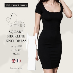 Op de afbeelding: Een PDF-naaipatroon voor een gebreide jurk met vierkante halslijn, met de tekst Daisy Pattern, Square Neckline Knit Dress, 32-52 EU, 4-24 US Sizes en Beginner. De afbeelding bevat een witte lijntekening van de jurk en een zwarte jurk.