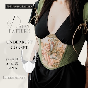 May include: An underbust corset sewing pattern with a floral tapestry design on the front panel. The corset is outlined in green fabric and has tie closures. The pattern includes sizes 4-24 US and is labeled as intermediate.