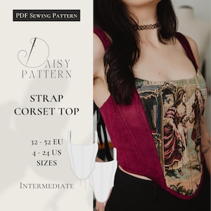 May include: A burgundy strap corset top with a tapestry-like design on the front. The top features a corduroy texture on the sides and straps. The image also includes a PDF sewing pattern with the text "Daisy Pattern" and size information.