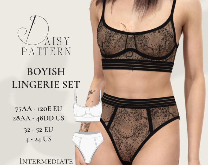 Featured listing image: Boyish Lingerie Set PDF Sewing Pattern: Bralette & High-Waist Panty