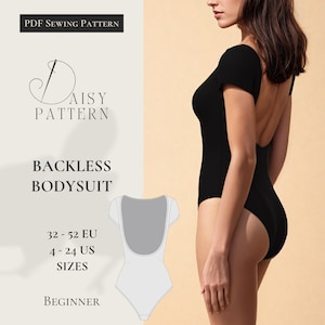 Op de afbeelding: Een PDF-naaipatroon voor een backless bodysuit. Het patroon omvat de maten 32-52 EU en 4-24 US. Het patroon is gelabeld met "Daisy Pattern" en "Backless Bodysuit". Het patroon is voor beginners.