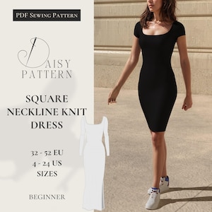 Puede incluir: Un patrón de costura PDF para un vestido de punto de cuello cuadrado. El patrón incluye las tallas 32-52 EU y 4-24 US. El patrón es para principiantes.