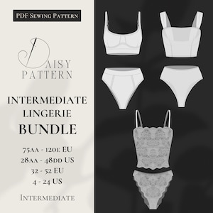 Könnte beinhalten: Ein digitales PDF-Schnittmuster-Bundle für fortgeschrittene Dessous. Das Bild zeigt Beispiele für weiße BHs, Höschen und ein Spitzen-Camisole-Set. Der Text enthält "PDF Sewing Pattern", "Daisy Pattern" und Größenangaben in EU- und US-Größen.