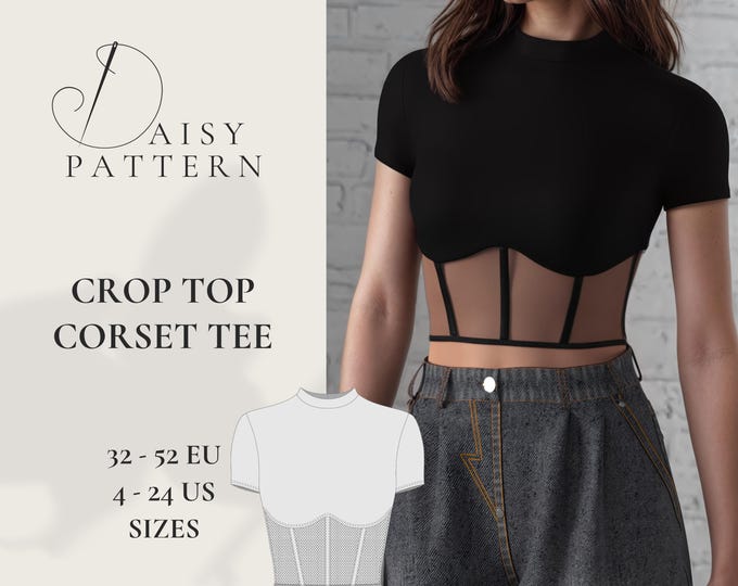 Featured listing image: DIY Crop Top Corset Tee Sewing Pattern PDF - Sizes 4-24 us / 32-52 eu, Stretch Fabric, Long Sleeve Option