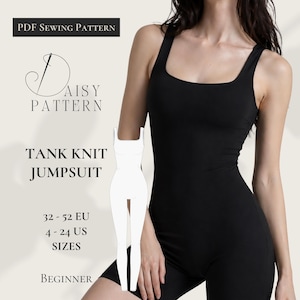 May include: Black tank knit jumpsuit with a square neckline. The image includes a white outline of the jumpsuit and text that reads "PDF Sewing Pattern", "Daisy Pattern", "Tank Knit Jumpsuit", "32-52 EU, 4-24 US Sizes", and "Beginner".