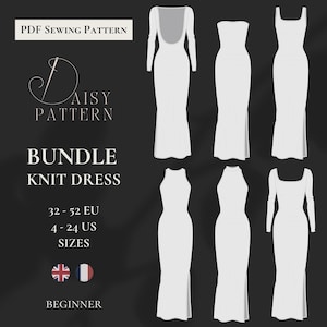 Puede incluir: Un patrón de costura en PDF para un vestido de punto que presenta seis siluetas de vestidos blancos con varios escotes y largos de manga. El texto incluye PDF Sewing Pattern, Daisy Pattern, Bundle Knit Dress, 32-52 EU, 4-24 US sizes, Beginner y Available exclusively on Etsy and daisypattern.com.