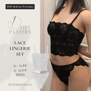 Puede incluir: Conjunto de lencería de encaje negro con top y braguita a juego. La imagen también muestra un conjunto de lencería de encaje blanco. El texto de la imagen dice "PDF Sewing Pattern", "Lace Lingerie Set" y "Tallas 32-52 EU".