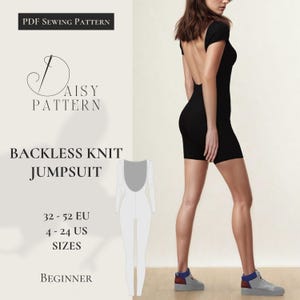 May include: A PDF sewing pattern for a backless knit jumpsuit. The pattern includes sizes 32-52 EU and 4-24 US. The pattern is for beginners.