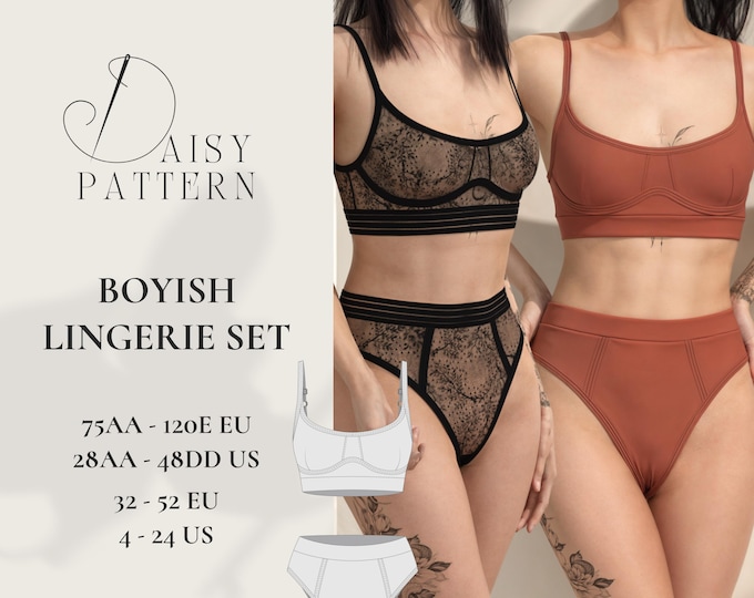 Featured listing image: Boyish Lingerie Set PDF Sewing Pattern: Bralette & High-Waist Panty for Sizes 75(28)AA-120(48)E/DD and 32(4)-52(24)