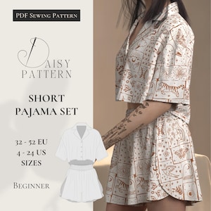 May include: A short pajama set in a cream color with a repeating brown pattern of tigers, butterflies, and celestial designs. The image includes a diagram of the pajama set and the text "PDF Sewing Pattern", "Daisy Pattern", "Short Pajama Set", and size information.