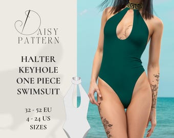 Halter Keyhole One Piece Swimsuit PDF Sewing Pattern for Women's Sizes 32-52 EU / 4-24 US