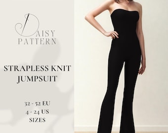 Strapless Knit Jumpsuit Sewing Pattern PDF | Wide Leg Summer Outfit DIY | Size 4-24 US / 32-52 eu