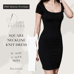 Peut inclure: Une robe en tricot noire avec un décolleté carré et des manches courtes est présentée. L'image comprend un dessin au trait de la robe et le texte "PDF Sewing Pattern", "Square Neckline Knit Dress", et des tailles en tailles US et EU. Le patron est pour débutants.