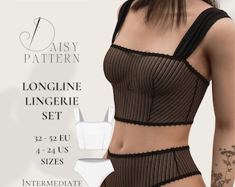 Longline Lingerie Set PDF Sewing Pattern: Bustier & Tanga for Sizes EU32(4)-US52(24)