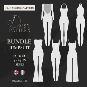 May include: A PDF sewing pattern for a jumpsuit bundle by Daisy Pattern. The image displays six white jumpsuit silhouettes with various necklines and leg styles. Text includes "PDF Sewing Pattern," "BUNDLE JUMPSUIT," "32 - 52 EU," "4 - 24 US SIZES," and "BEGINNER."