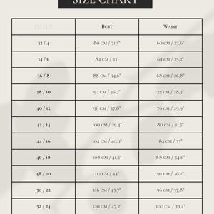 May include: A size chart table with a black header labeled SIZE CHART. The table lists EU/US sizes from 32/4 to 52/24, with corresponding bust and waist measurements in centimeters and inches. The bottom includes the text Available exclusively on Etsy and daisypattern.com.