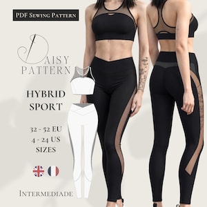 May include: A black sports bra and leggings set featuring sheer mesh panels. The PDF sewing pattern includes sizes 32-52 EU and 4-24 US. The design is labeled Hybrid Sport and Intermediade, with text indicating it is available on Etsy and daisypattern.com.