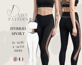 May include: A black sports bra and leggings set featuring sheer mesh panels. The PDF sewing pattern includes sizes 32-52 EU and 4-24 US. The design is labeled Hybrid Sport and Intermediade, with text indicating it is available on Etsy and daisypattern.com.