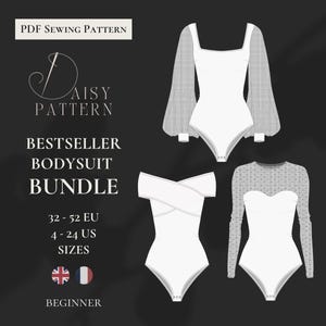 Pode incluir: Um molde de costura em PDF para um conjunto de bodies com três designs: um com mangas bufantes transparentes, um com decote cruzado ombro a ombro e um com corpete de manga comprida transparente com bolinhas. Inclui tamanhos 32-52 EU e 4-24 US.