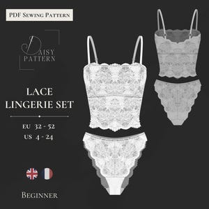 Peut inclure: Un patron de couture PDF pour un ensemble de lingerie en dentelle comprenant un caraco et une culotte assortie. Le texte indique PDF Sewing Pattern, Daisy Pattern, Lace Lingerie Set, EU 32-52, US 4-24, Beginner, et Available exclusively on Etsy.