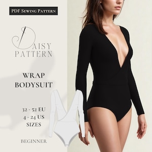 May include: A PDF sewing pattern for a wrap bodysuit. The pattern includes sizes 32-52 EU and 4-24 US. The pattern is for beginners. The image shows a black bodysuit with a deep V-neckline and long sleeves.