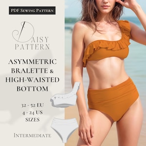 May include: A PDF sewing pattern for an asymmetric bralette and high-waisted bottom swimsuit. The pattern includes sizes 32-52 EU and 4-24 US. The pattern is labeled as "Daisy Pattern" and is described as "Intermediate".
