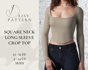 Square Neck Long-Sleeve Crop Top PDF Sewing Pattern - 32-52 EUR / 4-24 US