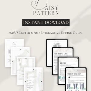May include: A digital sewing pattern titled Daisy Pattern for a laced bodice, featuring an instant download for A4, US Letter, and A0 formats. The set includes a multi-page interactive sewing guide with sections for a shopping list, pieces, and step-by-step instructions.