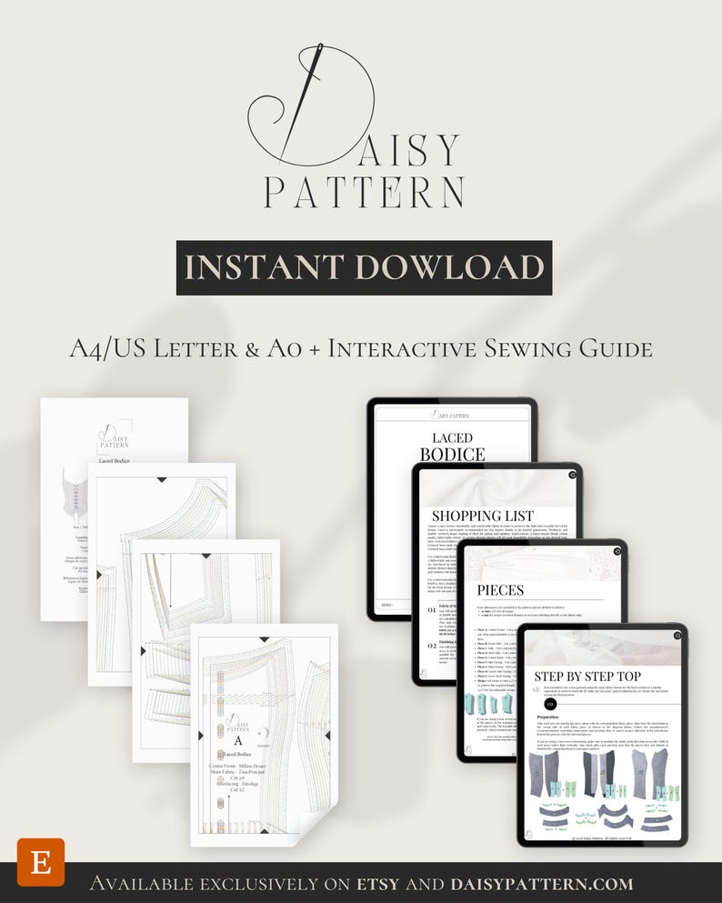 May include: A digital sewing pattern titled Daisy Pattern for a laced bodice, featuring an instant download for A4, US Letter, and A0 formats. The set includes a multi-page interactive sewing guide with sections for a shopping list, pieces, and step-by-step instructions.