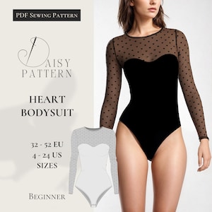 May include: PDF sewing pattern for a heart-shaped bodysuit. The pattern includes sizes 32-52 EU and 4-24 US. The pattern is for beginners.