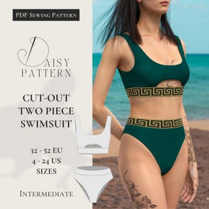 May include: A dark green cut-out two-piece swimsuit with gold geometric trim. The image includes a PDF sewing pattern with the text "DAISY PATTERN" and size ranges in EU and US sizes. The swimsuit design features a cutout detail on the top.