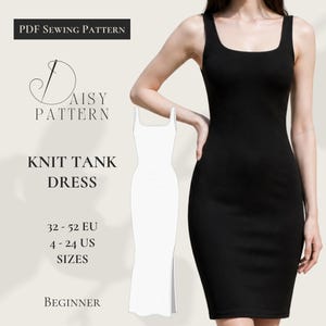 May include: A black knit tank dress with a square neckline is displayed. The image includes a line drawing of the dress and text that reads "PDF Sewing Pattern", "Knit Tank Dress", and size information in EU and US sizes. The pattern is for beginners.