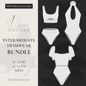 Könnte beinhalten: Ein Schnittmuster-Bundle für weiße Bademode mit vier verschiedenen Designs. Die Designs umfassen ein Bikini-Oberteil und -Unterteil, einen Neckholder-Badeanzug und einen Badeanzug mit Ärmeln. Größen 32-52 EU und 4-24 US.