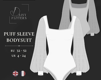 Bodysuit Sewing Pattern PDF | Square Neck Bodysuit with Puff Sleeves