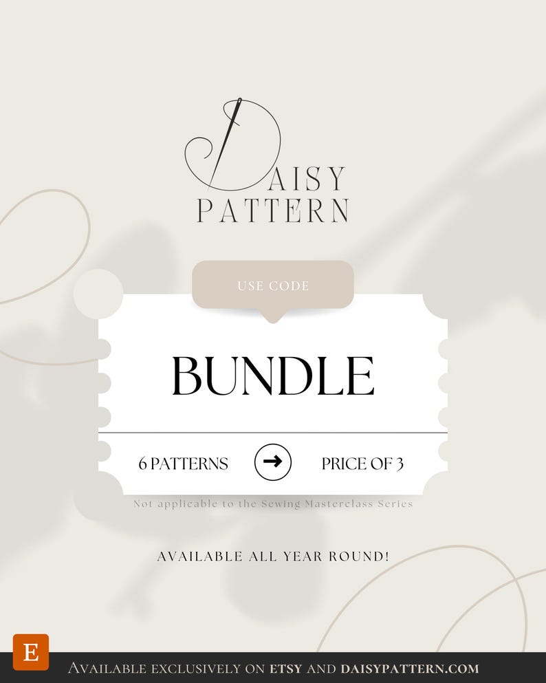 May include: A digital graphic featuring the text Daisy Pattern with a needle icon. A central white ticket-shaped box displays the text BUNDLE, USE CODE, 6 PATTERNS, an arrow icon, and PRICE OF 3. The bottom text reads AVAILABLE ALL YEAR ROUND.