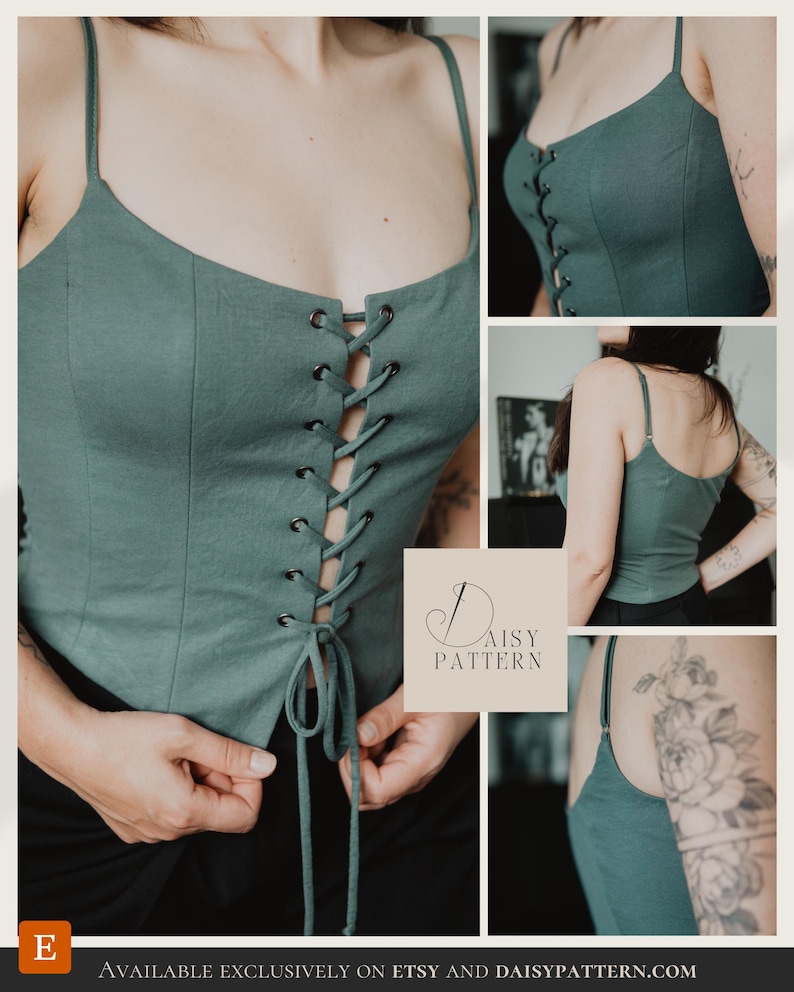 May include: A sage green corset-style top featuring thin spaghetti straps, a square neckline, and a front lace-up closure with dark metal grommets and matching fabric ties. The text Daisy Pattern is displayed in a square box on the image.