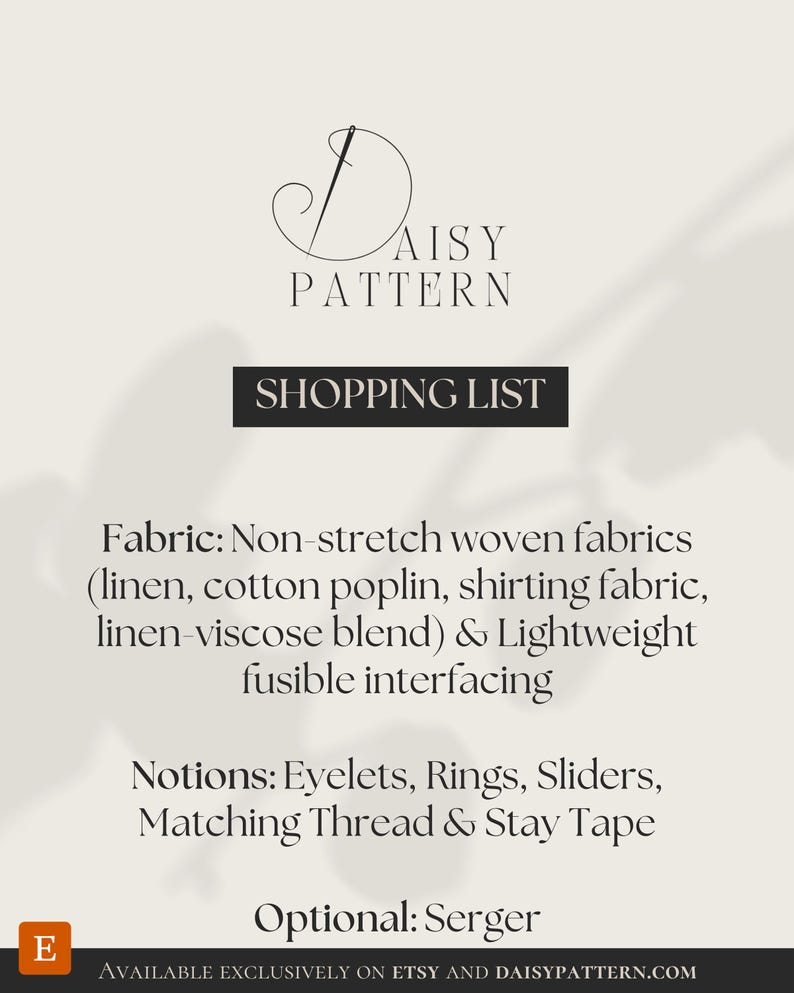 May include: A shopping list for a sewing project titled Daisy Pattern. It lists required materials including non-stretch woven fabrics like linen and cotton poplin, fusible interfacing, eyelets, rings, sliders, thread, and stay tape.