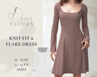 Elegant Knit Fit and Flare Midi Dress Sewing Pattern PDF - Women's Sizes 4-24 US / 32-52 EUR