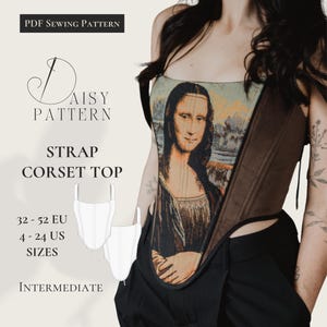 May include: A strap corset top featuring a print of the Mona Lisa. The corset is brown with a beige lining and has a unique cut-out design. The image also includes the text "PDF Sewing Pattern", "Daisy Pattern", "Strap Corset Top", and size information.