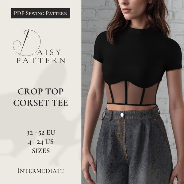 Crop Top Corset Tee PDF Sewing Pattern - 32-52 EUR / 4-24 US