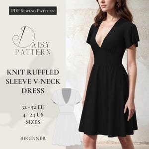May include: A PDF sewing pattern for a knit ruffled sleeve v-neck dress. The pattern includes sizes 32-52 EU and 4-24 US. The pattern is for beginners.
