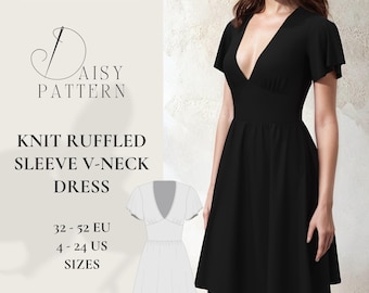Elegant Ruffled Sleeve V-Neck Midi Dress Sewing Pattern PDF - Women's Sizes 4-24 US / 32-52 EUR