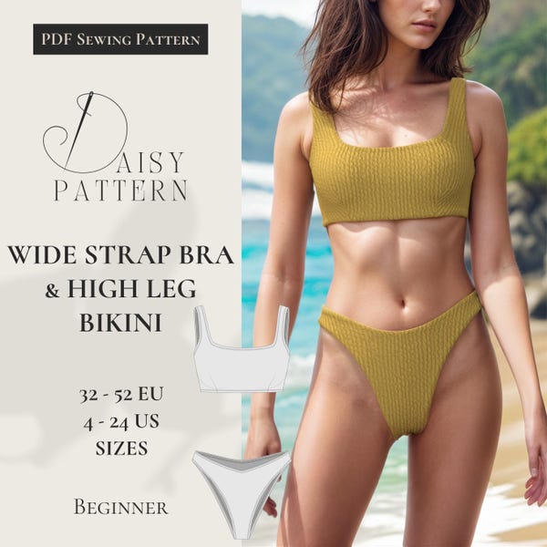 Plus Size Wide Strap Bra & High Leg Bikini Swimsuit Sewing Pattern PDF (32-52 EUR / 4-24 US)