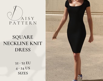 Square Neckline Knit Dress PDF Sewing Pattern - 32-52 EUR / 4-24 US