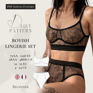 May include: A PDF sewing pattern for a boyish lingerie set featuring a black lace bralette and high-waisted briefs. The text includes Daisy Pattern, Boyish Lingerie Set, sizes 75AA-120E EU, 32-52 EU, and Beginner. Includes technical line drawings.