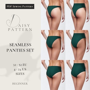 May include: PDF sewing pattern for a seamless panties set in a dark green colour. The pattern includes sizes 32-52 EU and 4-24 US. The pattern is for beginners.