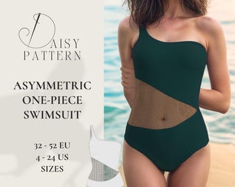 Asymmetric One-Piece Swimsuit Sewing Pattern PDF | Sizes 32-52 eu / 4-24 us | Retro DIY Swimwear